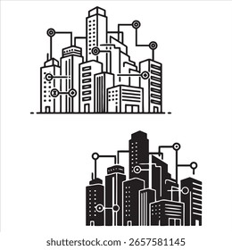 Duas cenas estilizadas da cidade retratando edifícios ligados por linhas de rede digital.