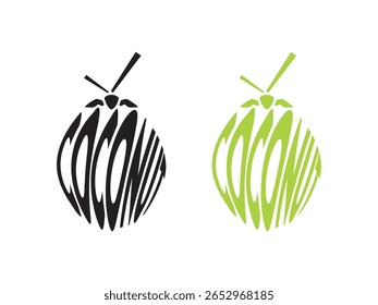 Two stylized coconut shapes are depicted against a white background.