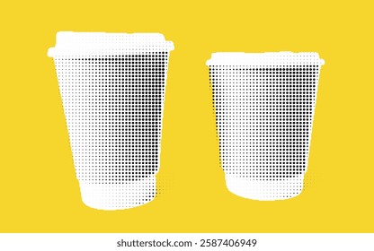 Two stylized coffee cups in a dotted pattern on a bright yellow background, one larger than the other, emphasizing size difference.