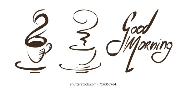 Two stylized coffee cups and hand-drawn inscription Good Morning. Doodle, minimalism. Isolated.