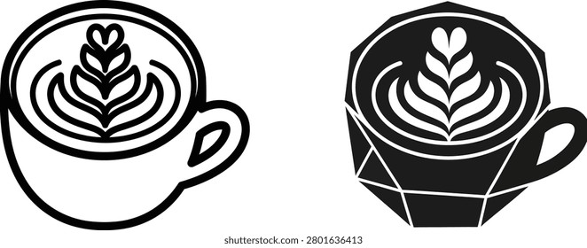Two stylized coffee cups with latte art one geometric one outlined. Ideal for cafe branding or beverage promotions.