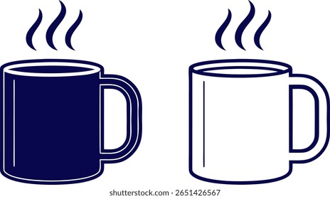 Two stylized coffee mugs with steam on a black background. One mug is filled and one is empty.