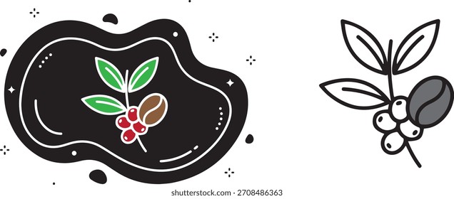 Two stylized coffee plant branches one with red berries and a brown bean on a black background and another with gray beans on a white background