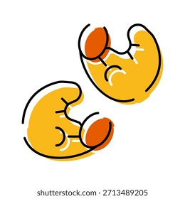 Zwei stilisierte Garnelen-Symbole mit schwarzen Umrissen, gelben Körpern und orangefarbenen Schwänzen auf sauberem, weißem Hintergrund, einfache, flache, bunte Meeresfrüchte-Illustrationen für Menüs und Designs