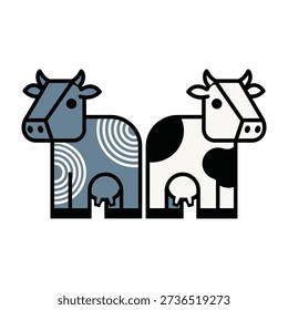 Two Stylized Cows Black White Zebra Pattern And Solid Gray Silhouette Vector Illustration