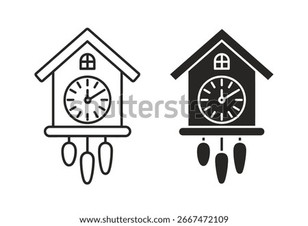 Two stylized cuckoo clocks, one in outline and the other as a solid silhouette, against a white background.