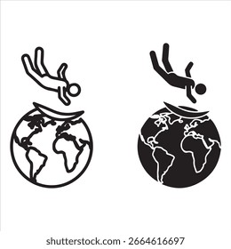Duas representações estilizadas de uma pessoa caindo do planeta.