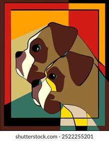 Two stylized dog profiles are depicted against a background of intersecting geometric shapes  creates a striking and modern appearance.