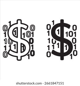Dos signos de dólar estilizados integrados con flujos de dígitos binarios.