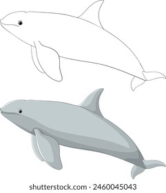 Two stylized dolphins, one colored, one outlined.