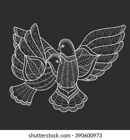 Two stylized dove in the style of zen tangle.  Perfect for greeting cards, wedding invitations, bag and poster. Vector illustration.