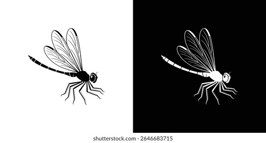 Two stylized dragonfly silhouettes are displayed, a black version on a white background and a white version set against a black background, side-by-side. 159