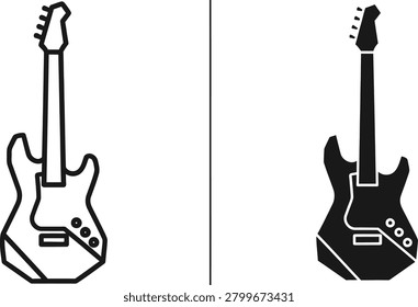 Two stylized electric guitars one line art one filled silhouette on a clean white backdrop. Ideal for music industry branding and graphic design projects.