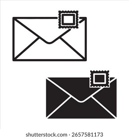 Two stylized envelopes, one light, one dark, each with a postage stamp.