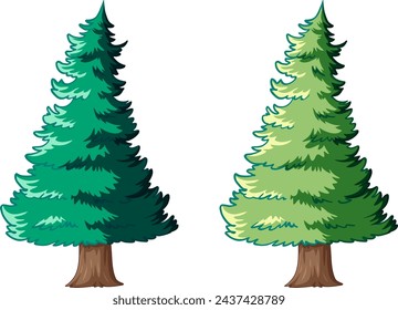 Two stylized evergreen trees in a vector format.