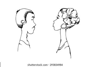 Two stylized faced. Man and woman. Vector sketch.