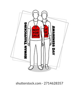 Dos figuras estilizadas sin rostro, un hombre y una mujer, con Grandes etiquetas rojas alrededor del cuello que decían "No se vende". Concepto para el Día Nacional de Concientización sobre Trata de Personas, 11 de enero