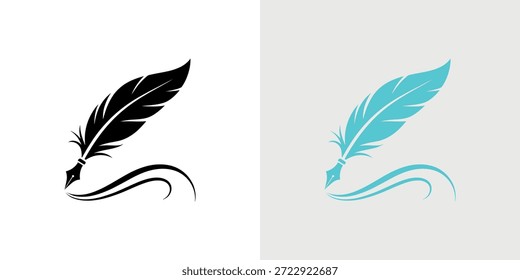 Two stylized feather quill pens, one black and another in cyan, shown in a simple design.