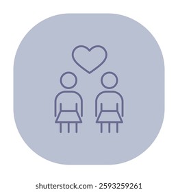 Two stylized female figures standing together, with heart symbol above them, symbolizing love and unity. Lesbian identity and connection concept