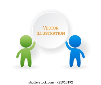 Two stylized figure of man with raised hands keep round banner free space for text isolated on white background. Design element template for presentations, annual report, dialogue, advertising