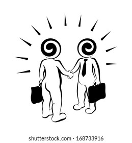 Two stylized figures of businessmen shakes hands each other.
