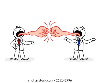 Two stylized figures of disgruntled men in suit and neckties with tongues in form of fists 