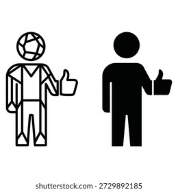 Two stylized figures giving thumbs up with one holding a soccer ball black and white