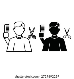 Dos figuras estilizadas que sostienen peines y tijeras que representan barberos o peluqueros en línea blanca y negra