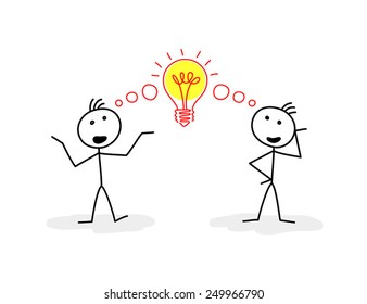 Two stylized figures of men talking, and sign of bulb between them