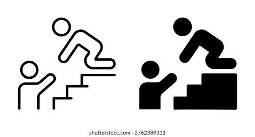 Two stylized figures, one assisting another to climb stairs, symbolizing support and progress