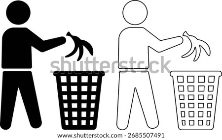 Two stylized figures, one black silhouette and one white outline, are shown discarding banana peels into trash cans, isolated on white background.