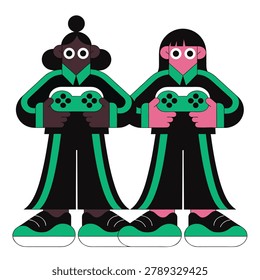 Two stylized figures, one with dark curly hair and the other with dark straight hair, holding video game controllers and playing a game.