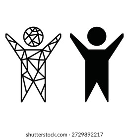 Two stylized figures one with a geometric globe and one with a solid head both with arms raised