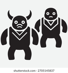 Two Stylized Figures: One with Horns, One Sad, Against a White Background