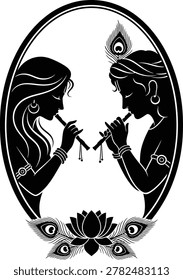 Two stylized figures playing wind instruments in a symmetrical design with ornate peacock feathers and lotus flower below isolated on transparent background