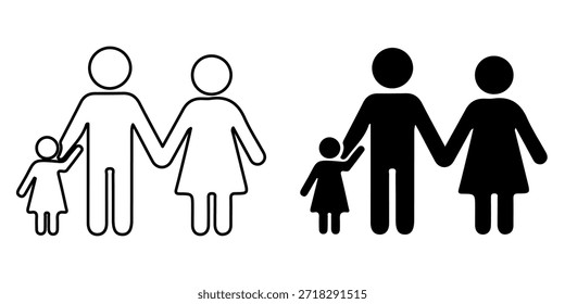 Two stylized figures, representing parents, hold hands with a smaller figure, representing a child. Available in outline and solid black.