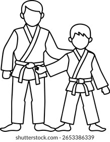 Two stylized figures wearing martial arts uniforms with belts are depicted. One figure stands slightly behind and to the left of the other, with a hand resting on the shoulder of the front figure.
