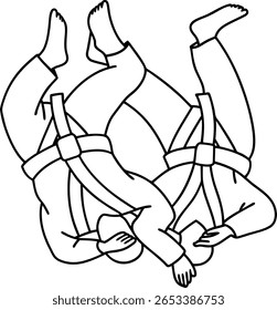 Two stylized figures wearing martial arts uniforms and belts are depicted in a dynamic grappling pose, with their limbs intertwined.