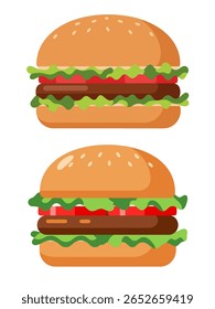 Dois hambúrgueres de design estilizado e plano são exibidos verticalmente contra um fundo branco. Cada hambúrguer apresenta um pão de semente de gergelim, alface, tomate e uma empada grossa.