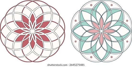 Two stylized floral geometric mandala designs in complementary color palettes