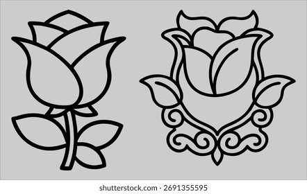 Dos ilustraciones florales estilizadas, una rosa simple a la izquierda y un motivo floral decorativo más ornamentado a la derecha, presentadas en contorno negro sobre un fondo gris.