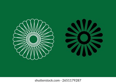 Two stylized floral or sunburst designs, one in white outline and the other in solid black, are placed side-by-side against a vibrant green background.
