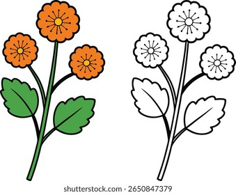 Dos ilustraciones de flores estilizadas una colorida y una en blanco y negro sobre un fondo blanco