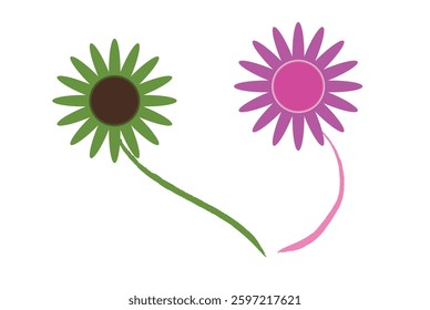 Two stylized flowers in a heart shape, representing love and nature. Simple, stylized graphic of two flowers, one green and one purple, arranged in a heart shape against a white background. 