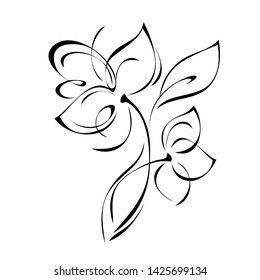 two stylized flowers on a stem with a leaf in black lines on a white background