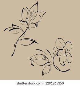 two stylized flowers on the stems with leaves in black lines on a beige background