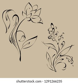 two stylized flowers on the stems with leaves in black lines on a beige background
