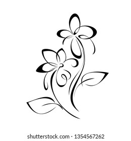 two stylized flowers on stems with leaves in black lines on a white background