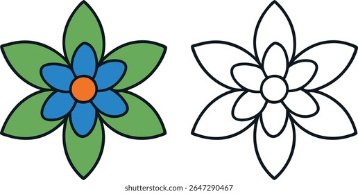 Two stylized flowers one colorful with blue green and orange the other black outline on white