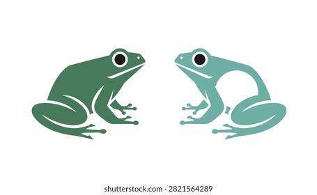 Two stylized frogs facing each other in shades of green and blue-green representing wildlife, amphibians, and swamp animals.